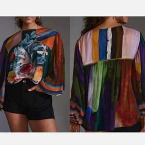 Blank London Anthropologie Miranda Peasant Blouse Striped Artsy Floral Boho XS